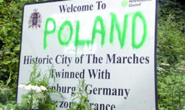 The ‘Welcome to Poland’ sign greeting visitors to historic Hereford yesterday