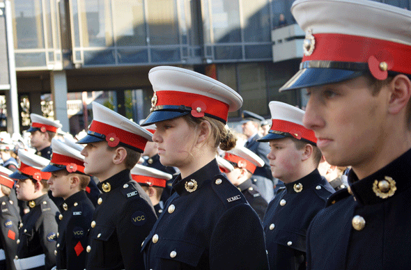 Royal Marine Cadets, stand in Portsmouth's Guildhall Square, during a Remembrance Sunday service